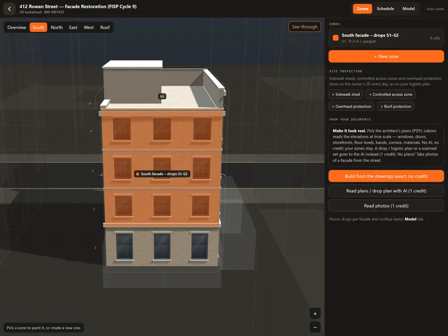 Laboro's Zones tab for the sample project: the south facade painted orange floor by floor as the zone 'South facade – drops S1–S2', with site-protection buttons for sidewalk shed, controlled access zone, overhead protection and roof protection.