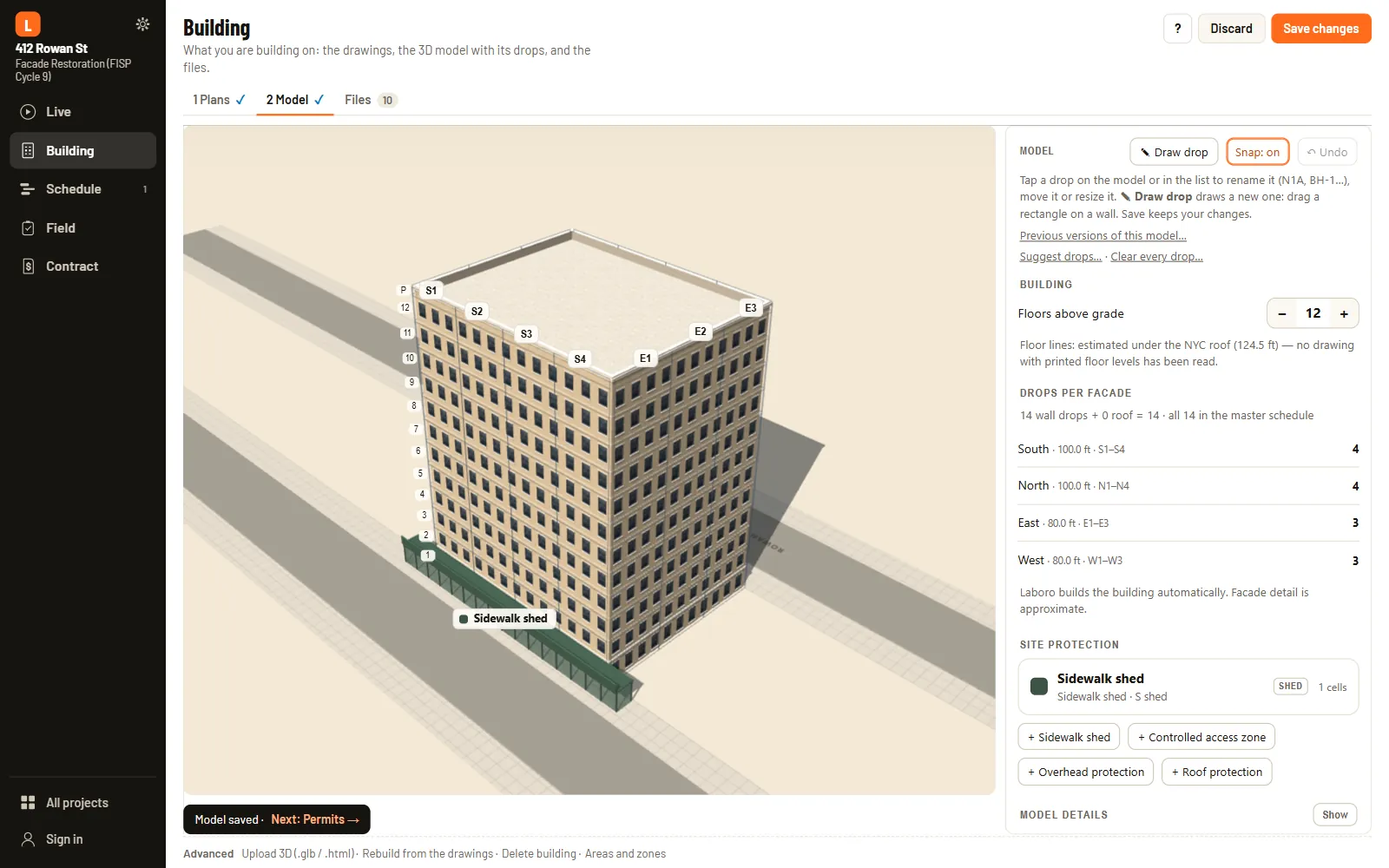 Building: the 3D model of the sample job with its drops and the sidewalk shed