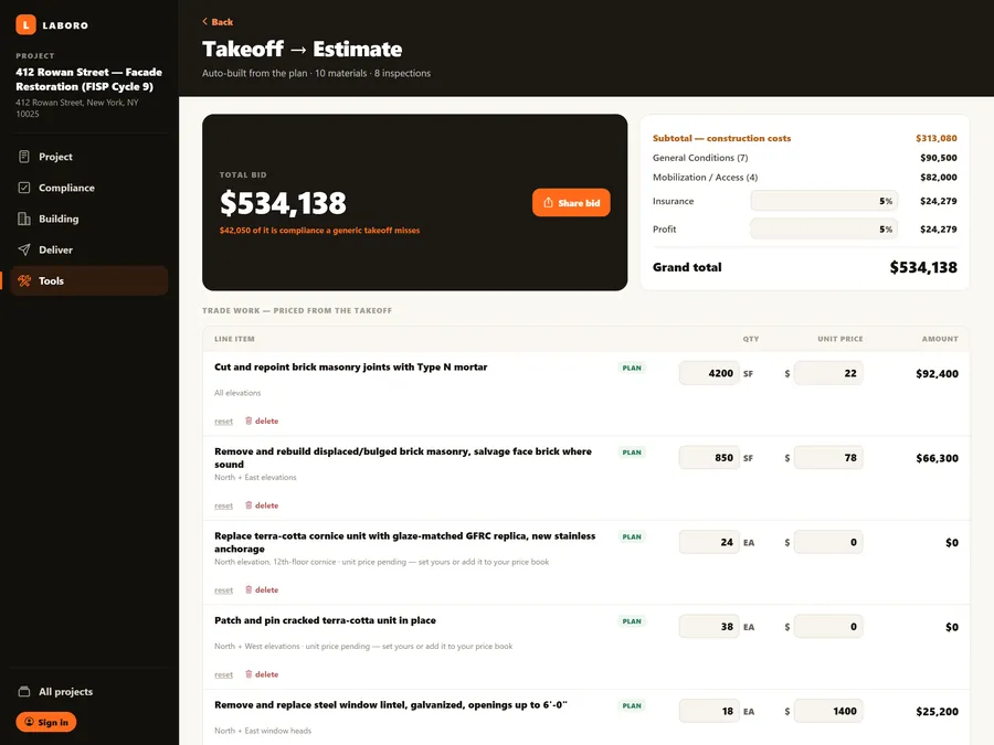 Laboro's Takeoff to Estimate screen for the sample project: the total bid with a Share bid button, general conditions, mobilization and access, insurance and profit, and trade line items priced from the takeoff.