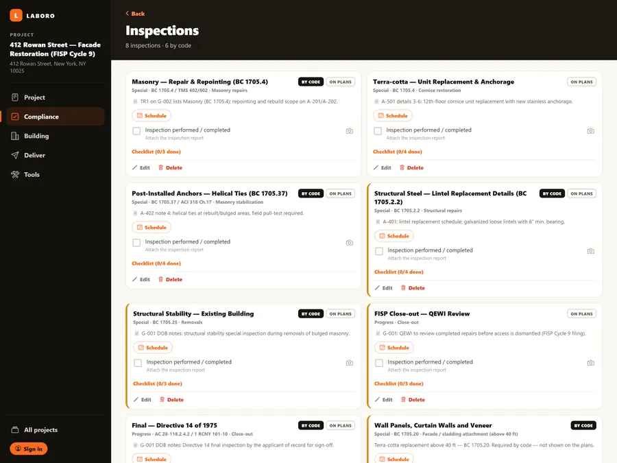 Laboro's Inspections screen for the sample project: masonry, terra-cotta, helical ties, steel lintels, structural stability and FISP close-out inspections, each tagged by code or on the plans, with a Schedule button, a checklist and a place to attach the inspection report.