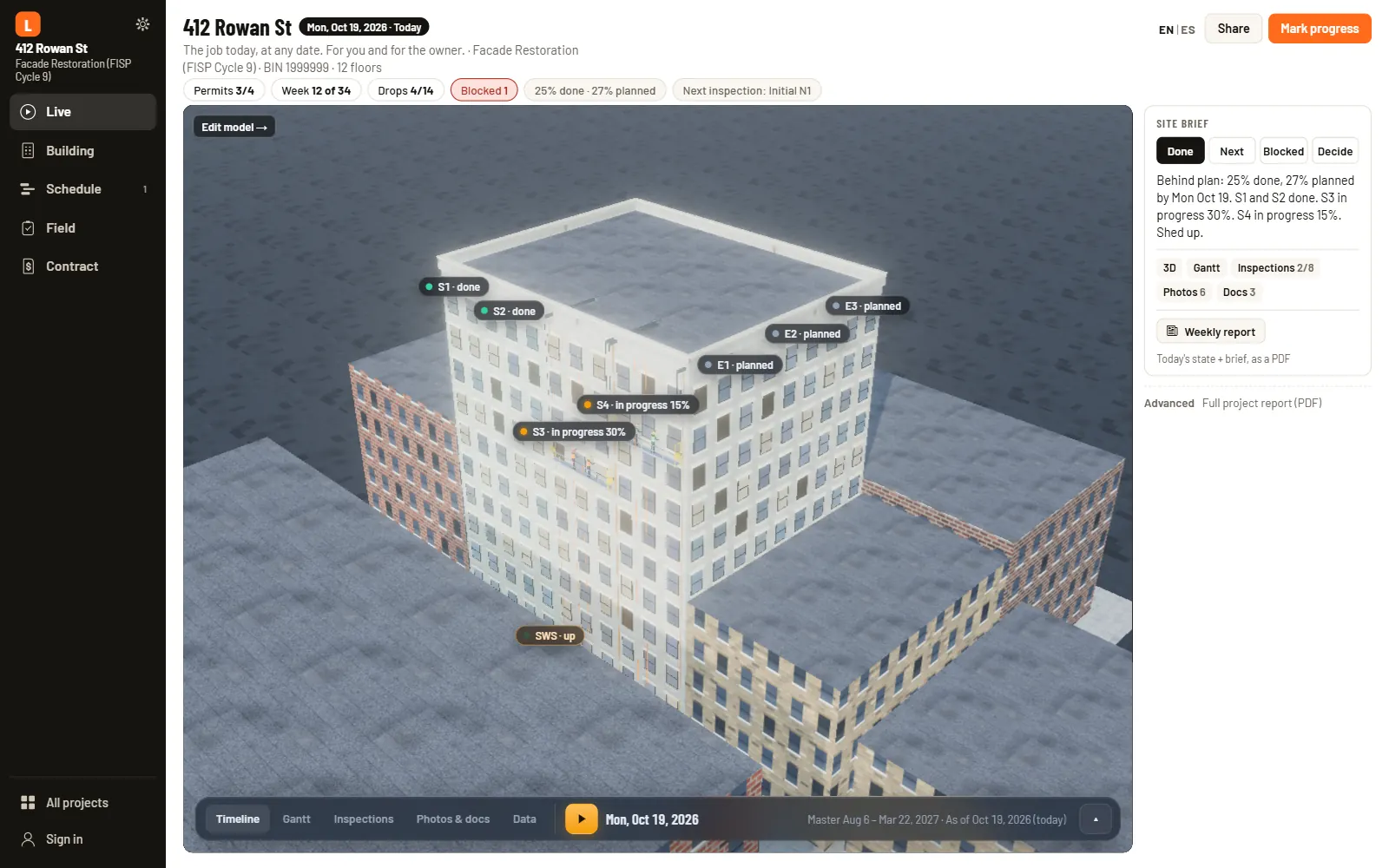 Live in the app: the sample job in 3D by day, with the site brief and the Weekly report button beside it