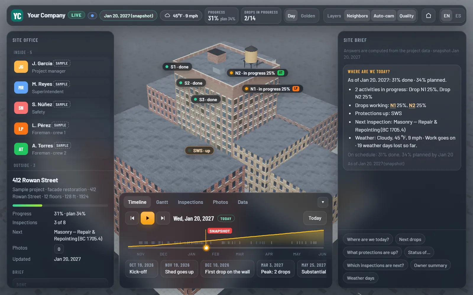 Live: the sample building in 3D, drops N1 and N2 in progress and the timeline that follows the job week by week