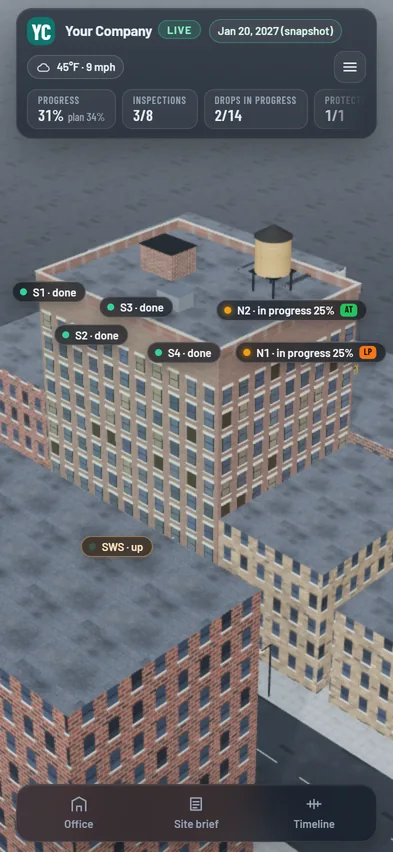 The owner's page on a phone: the sample building in 3D by day with the company's brand